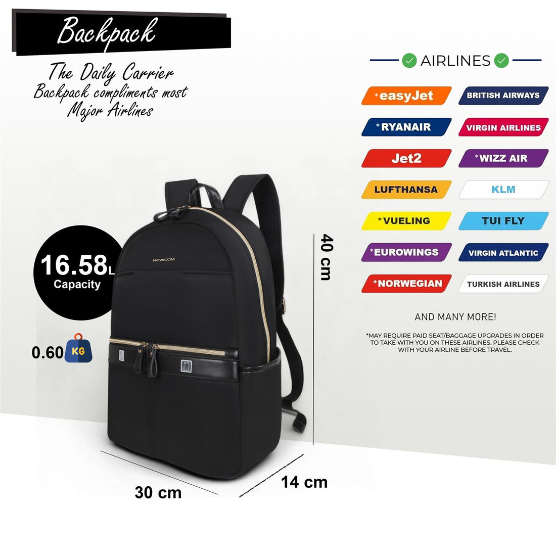 Backpack Rucksack 40 x 30 x 14 cm Black Underseat Travel Cabin Bag for Ryanair, Easy Jet