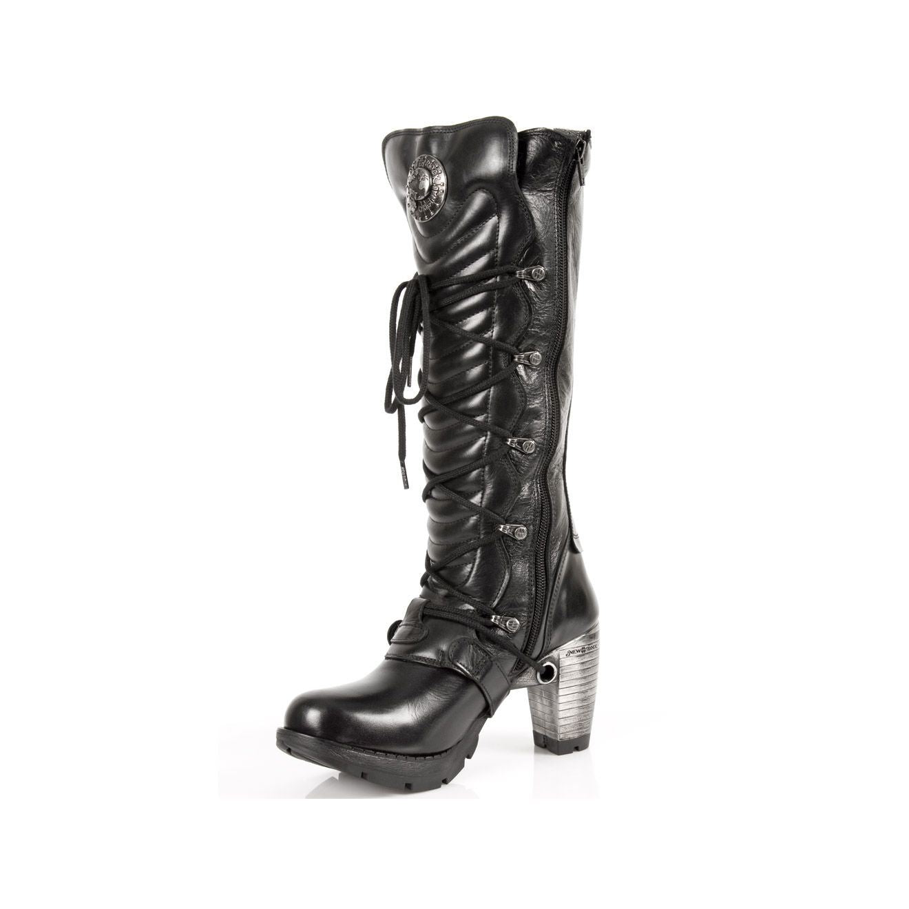 New Rock Ladies Black Buckle Laced Knee-High Boots- TR004-S1