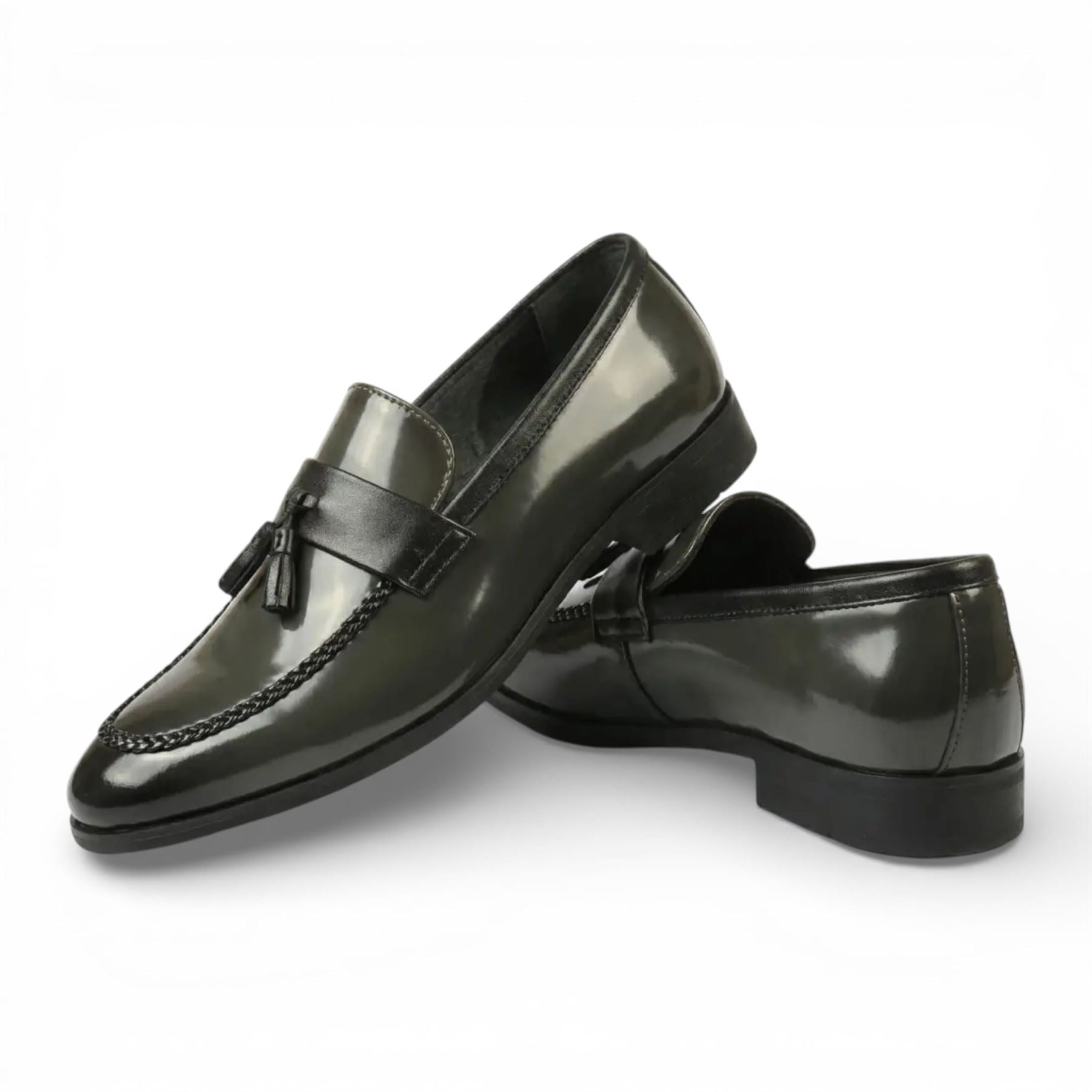 Mens Olive Tassel High-Gloss Patent Faux Leather Formal Loafers Shoes