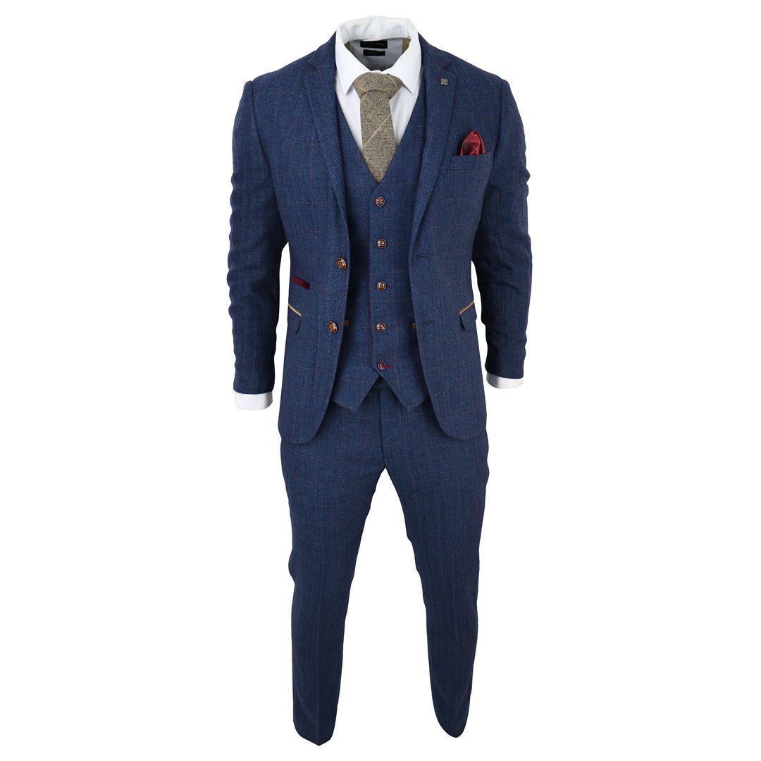 Mens Blue Tweed Check 3-Piece Suit