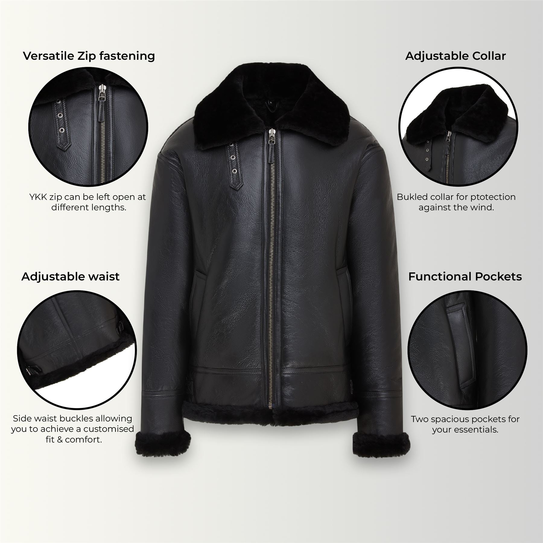 Mens Warm Sheepskin Aviator Zip-Up Flight Jacket-Harrogate