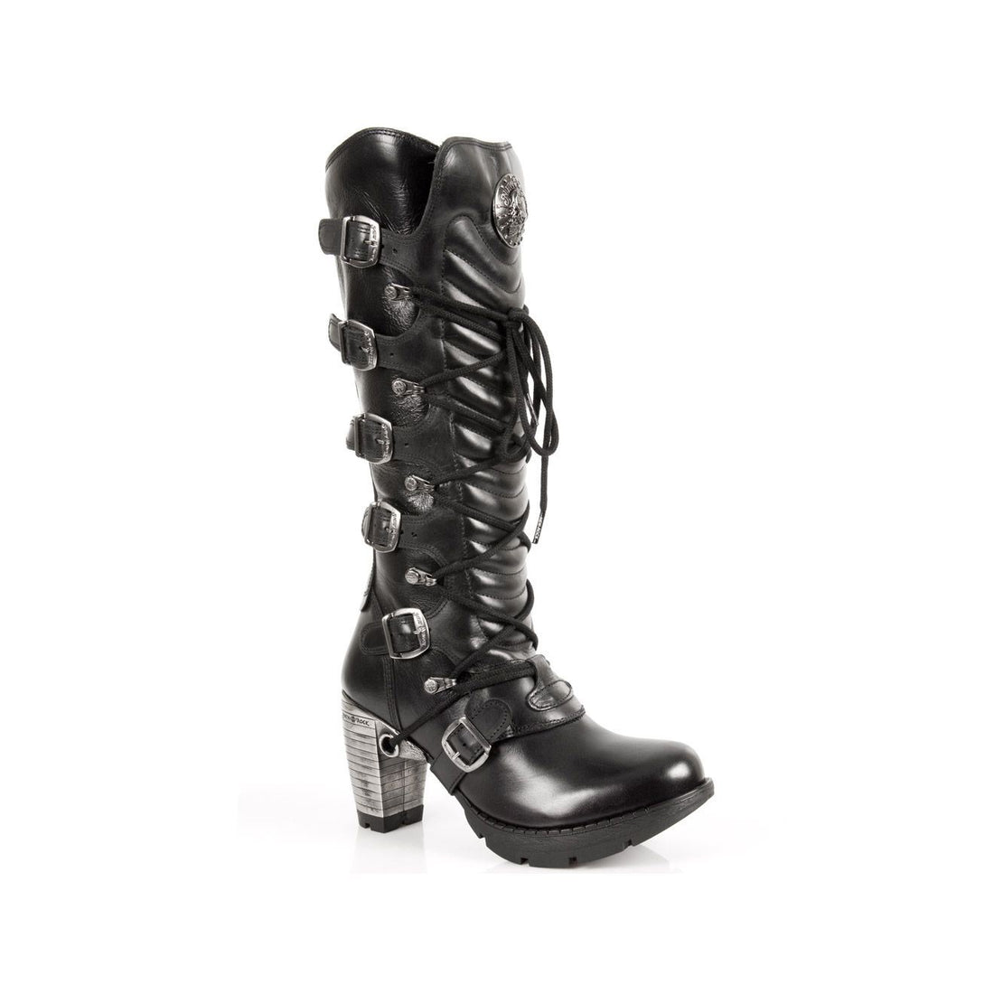 New Rock Ladies Black Buckle Laced Knee-High Boots- TR004-S1 - Upperclass Fashions 