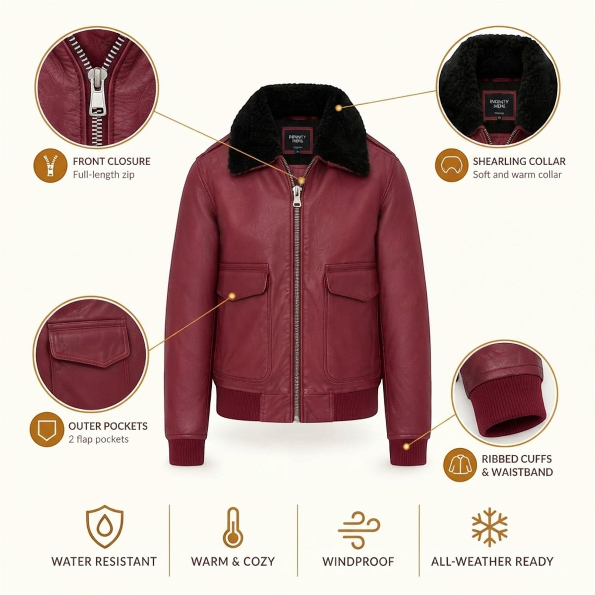 Mens Leather Aviator Bomber Jacket - Lunar