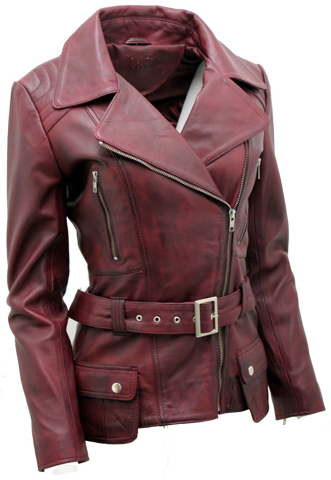 Womens Mid-length Leather Biker Jacket-Middlewich