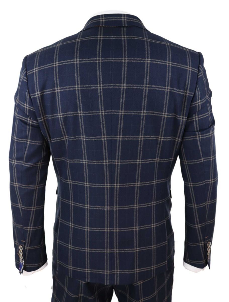 Mens 3 Piece Navy Blue And Tan Check Tweed Retro Classic Suit