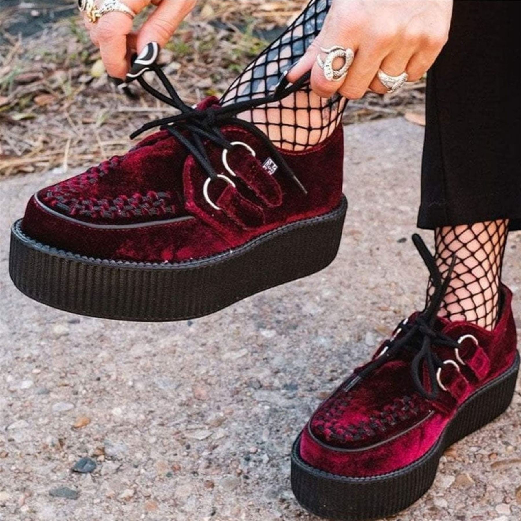 TUK Viva High Creeper Burgundy Velvet Platform Lace-Up Goth Shoes - AV6802