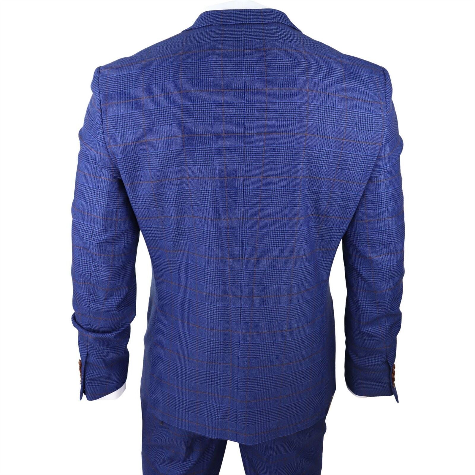 Mens Blue Brown Check 3 Piece Tailored Fit Suit
