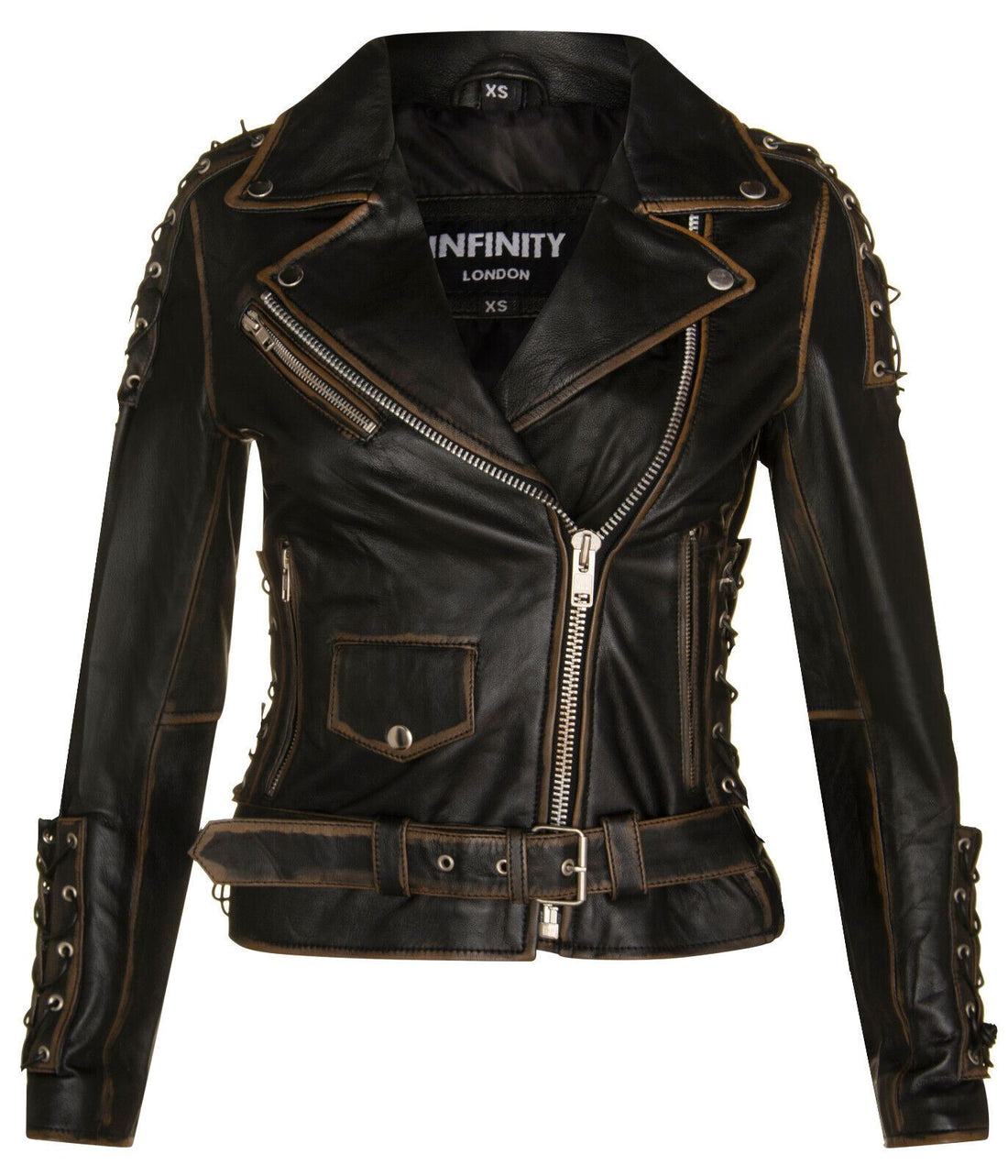 Womens Black Leather Brando Biker Jacket-Havant - Upperclass Fashions 