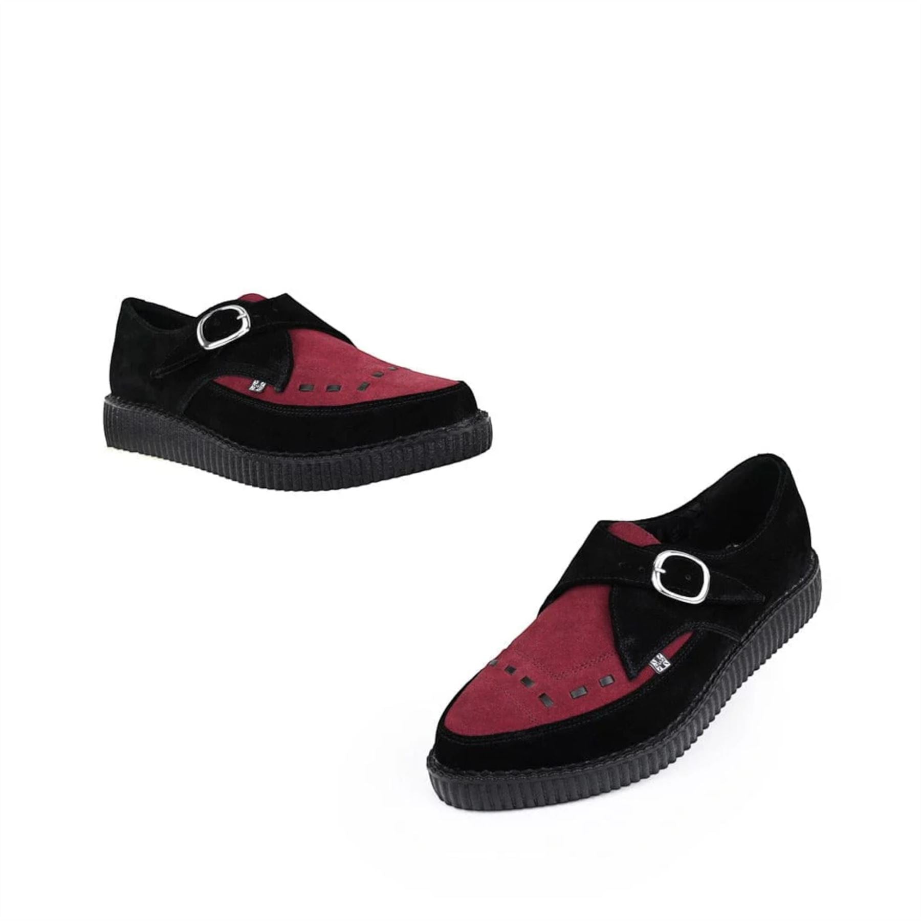 TUK Pointed Creeper Black Burgundy Suede Monk Buckle Platform Shoes - A9592
