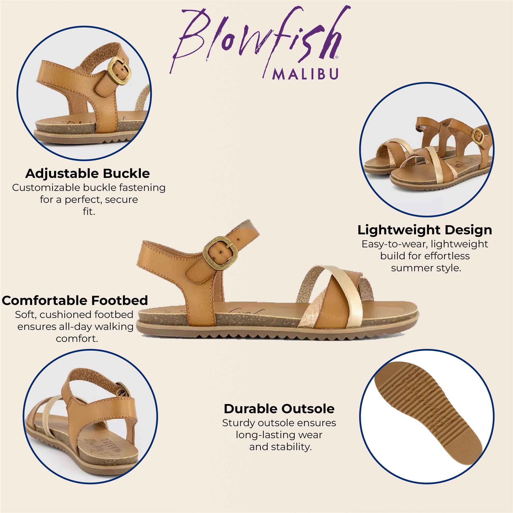 Blowfish Malibu Womens Tan Strappy Buckle Wedge Sandals - Monti-B