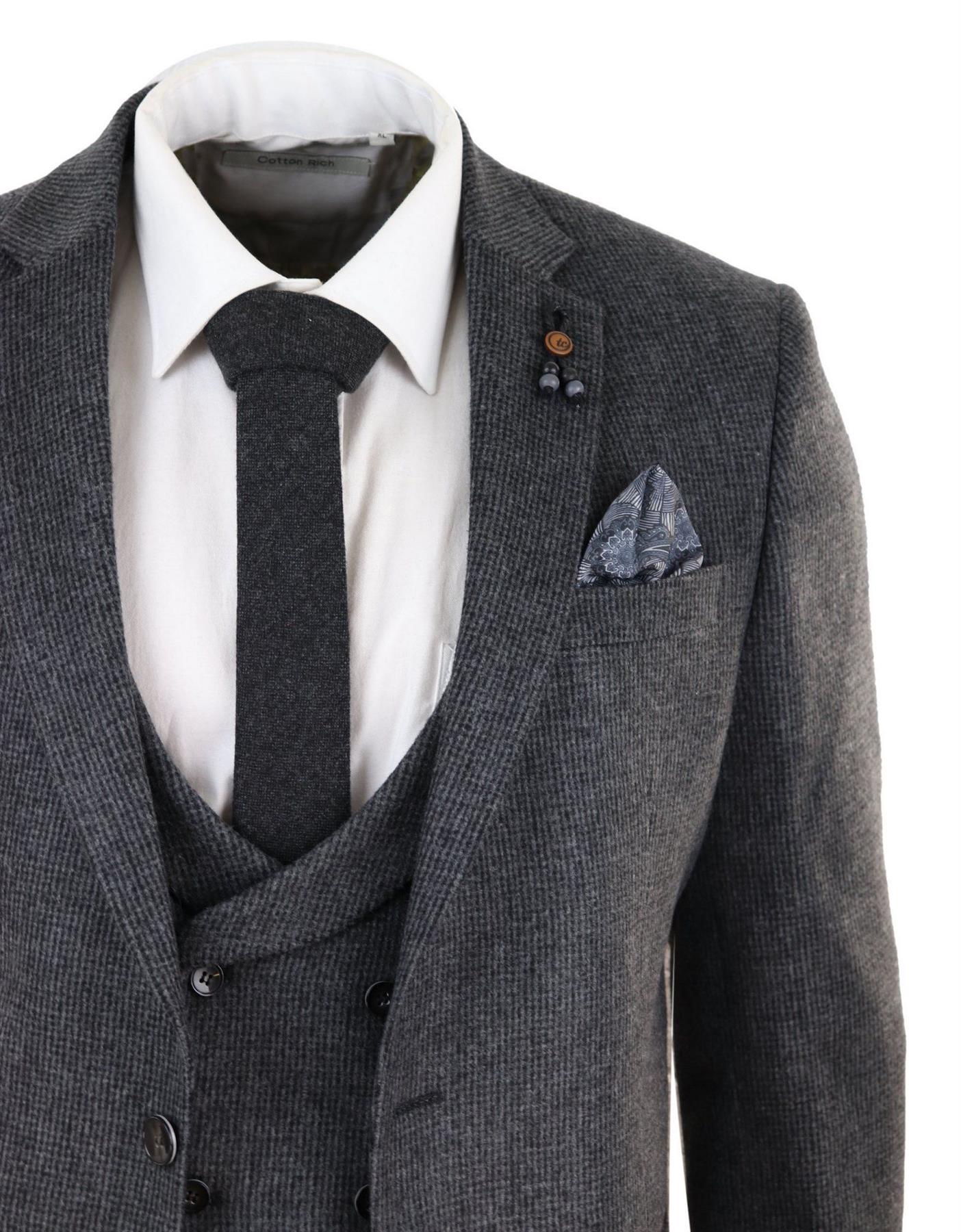 Mens Grey 3 Piece Tweed Suit Vintage Harringbone 1920s Retro Peaky Blinders