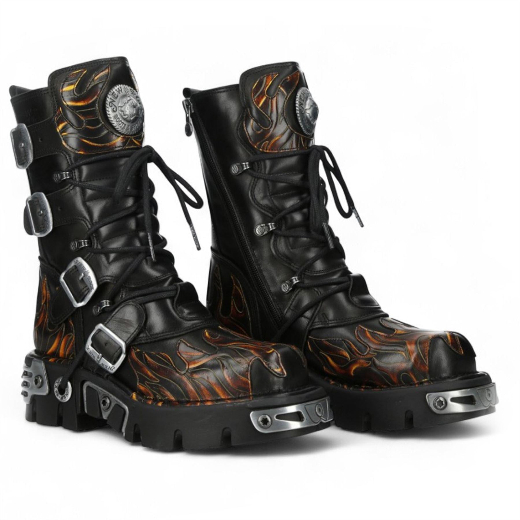 New Rock M-591-C58 Mid-Calf High Black Flame Leather Metallic Gothic Boots