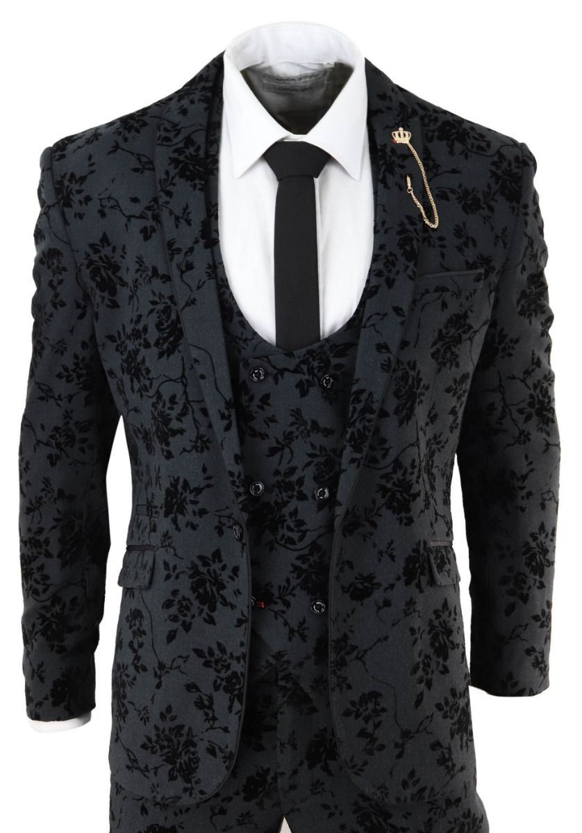 Mens 3 Piece Black Paisley Velvet Dinner Suit - Upperclass Fashions 