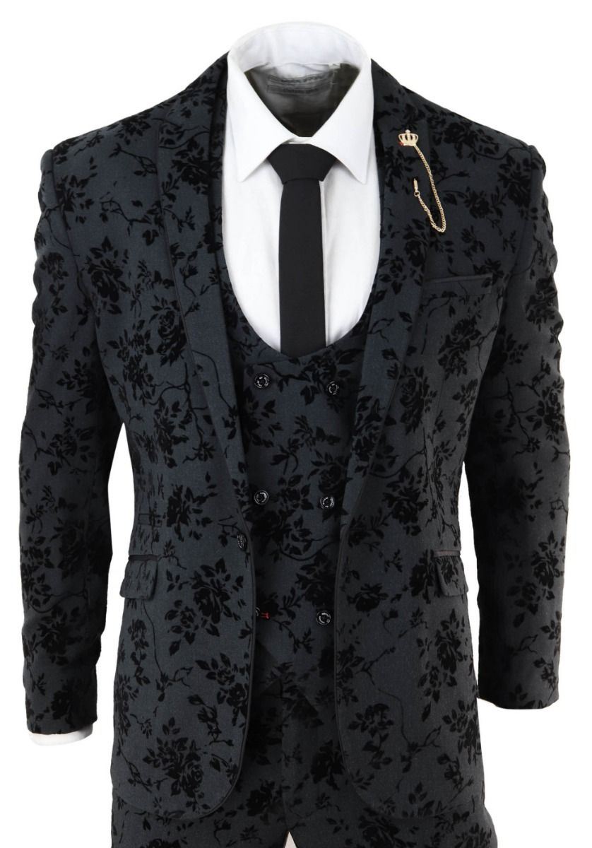 Mens 3 Piece Black Paisley Velvet Dinner Suit