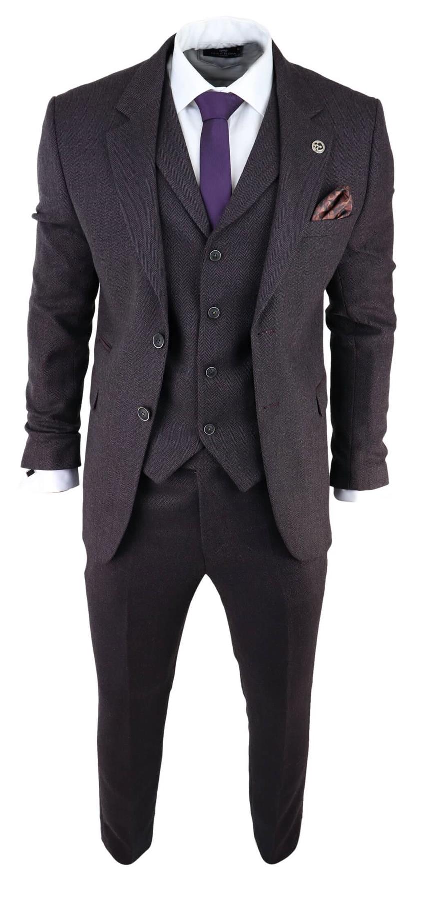 Mens Purple Plum 3 Piece Tweed Herringbone Suit Peaky Blinders Classic Tailored