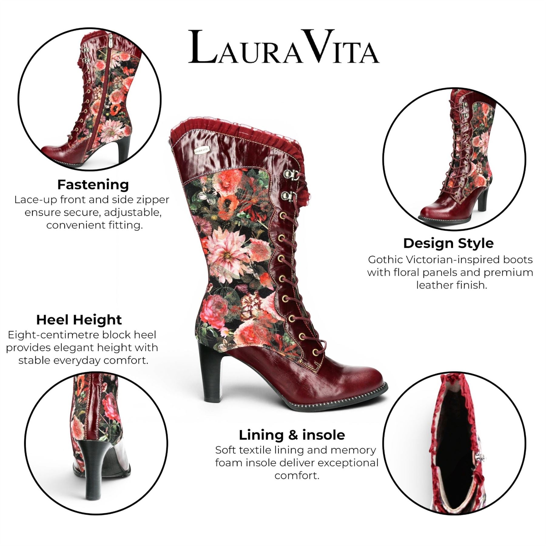 Laura Vita Floral Womens Goth Victorian Red Leather Heeled High Boots - Alcbane-351