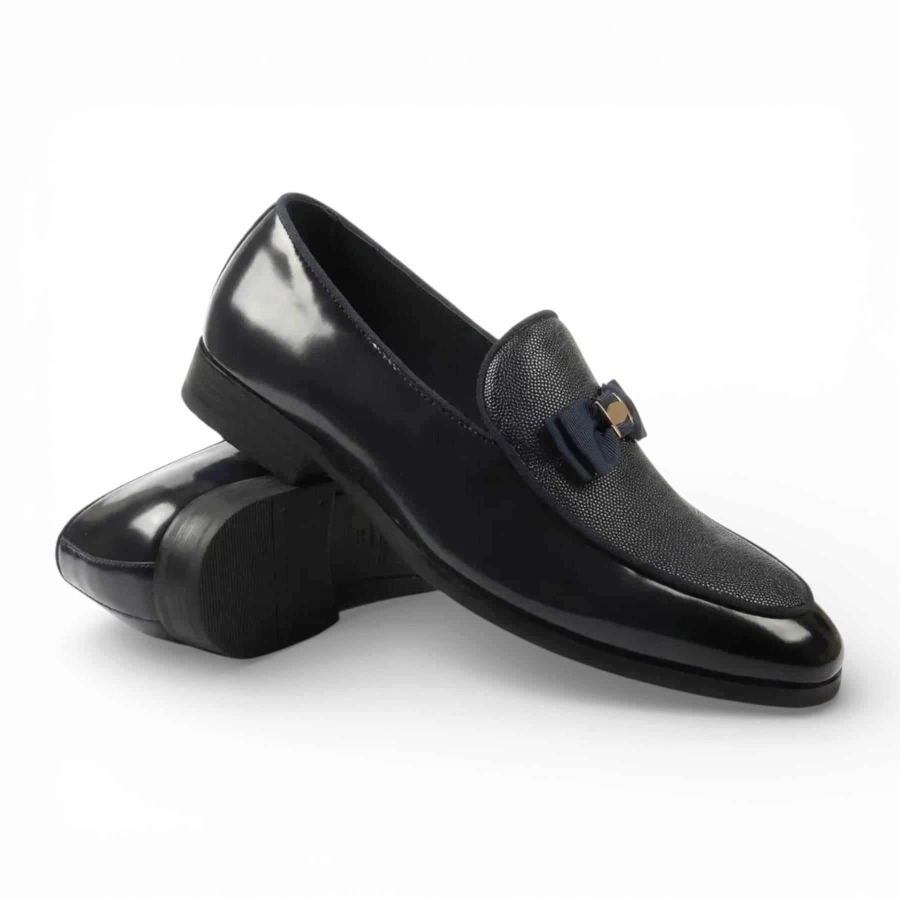 Mens Navy Blue Textured Front Iconic Buckle Bow Loafers Shoes