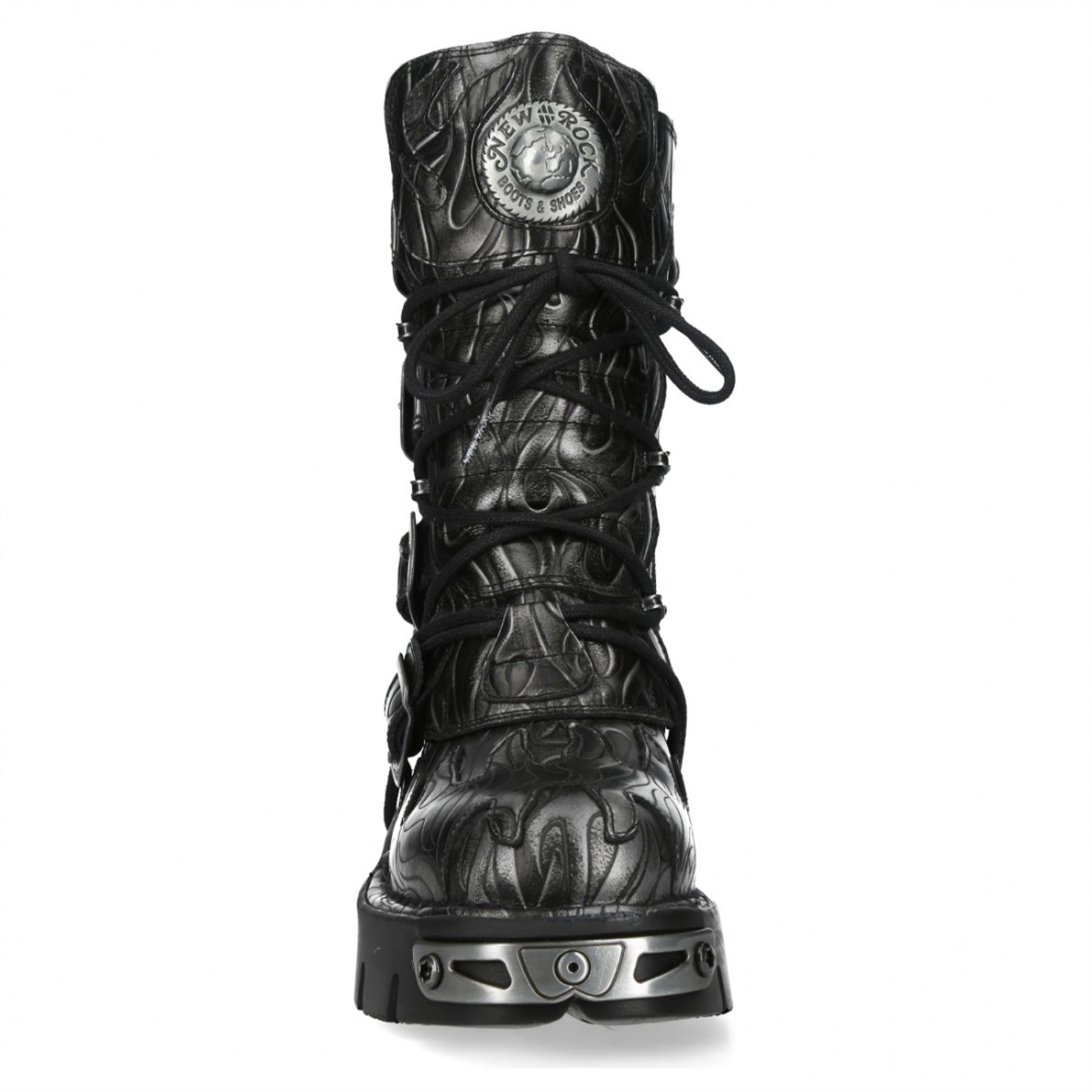New Rock M-591-C63 Mid-Calf High Black Steel Leather Metallic Gothic Boots