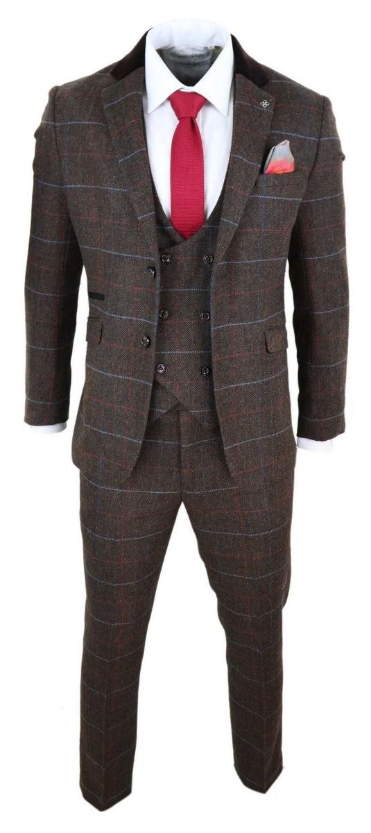 Mens 3 Piece Dark Brown Check Tweed Herringbone Vintage Classic Suit