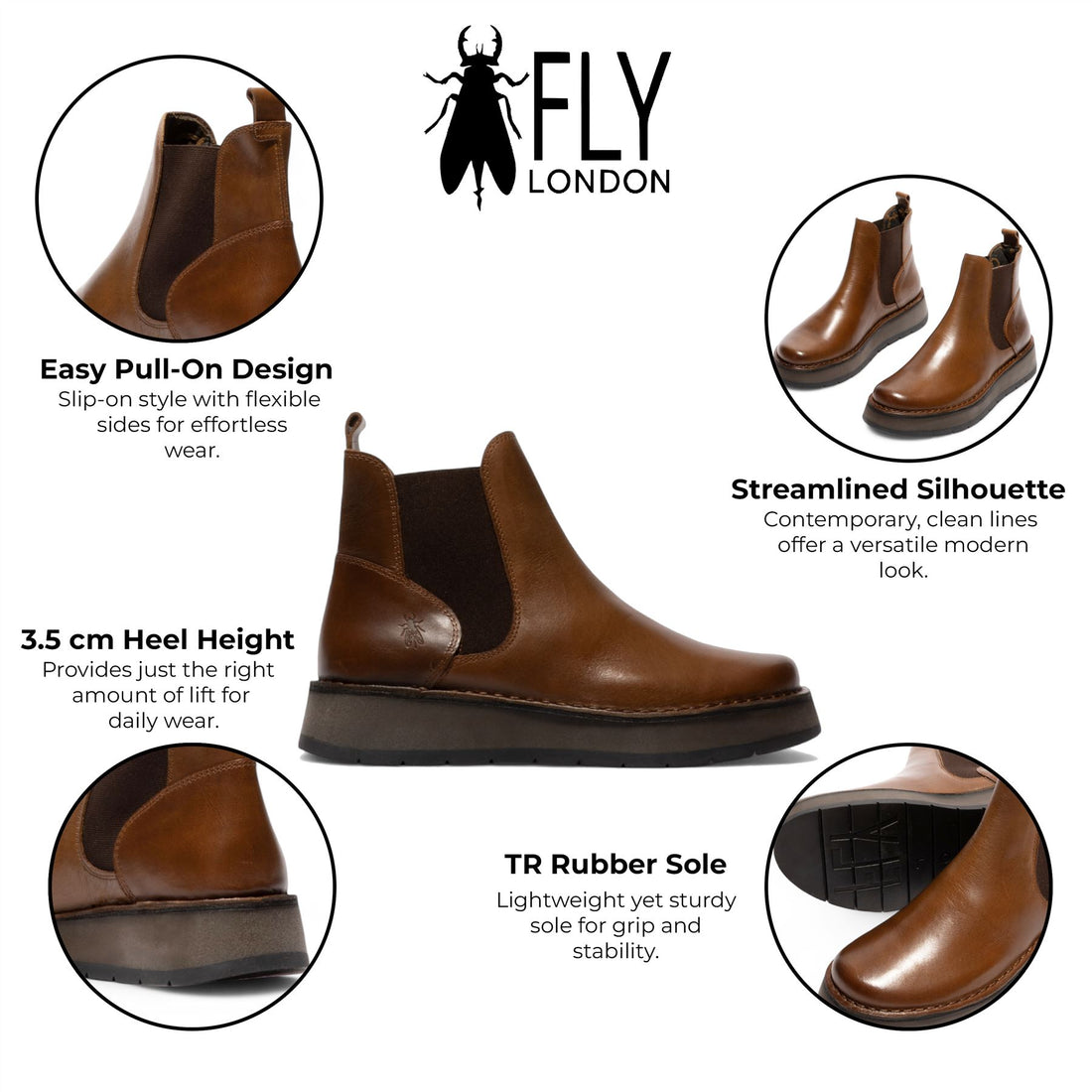 Fly London Womens Camel Brown RAWI131 Chelsea Leather Ankle Pull-On Classic Comfort Boots