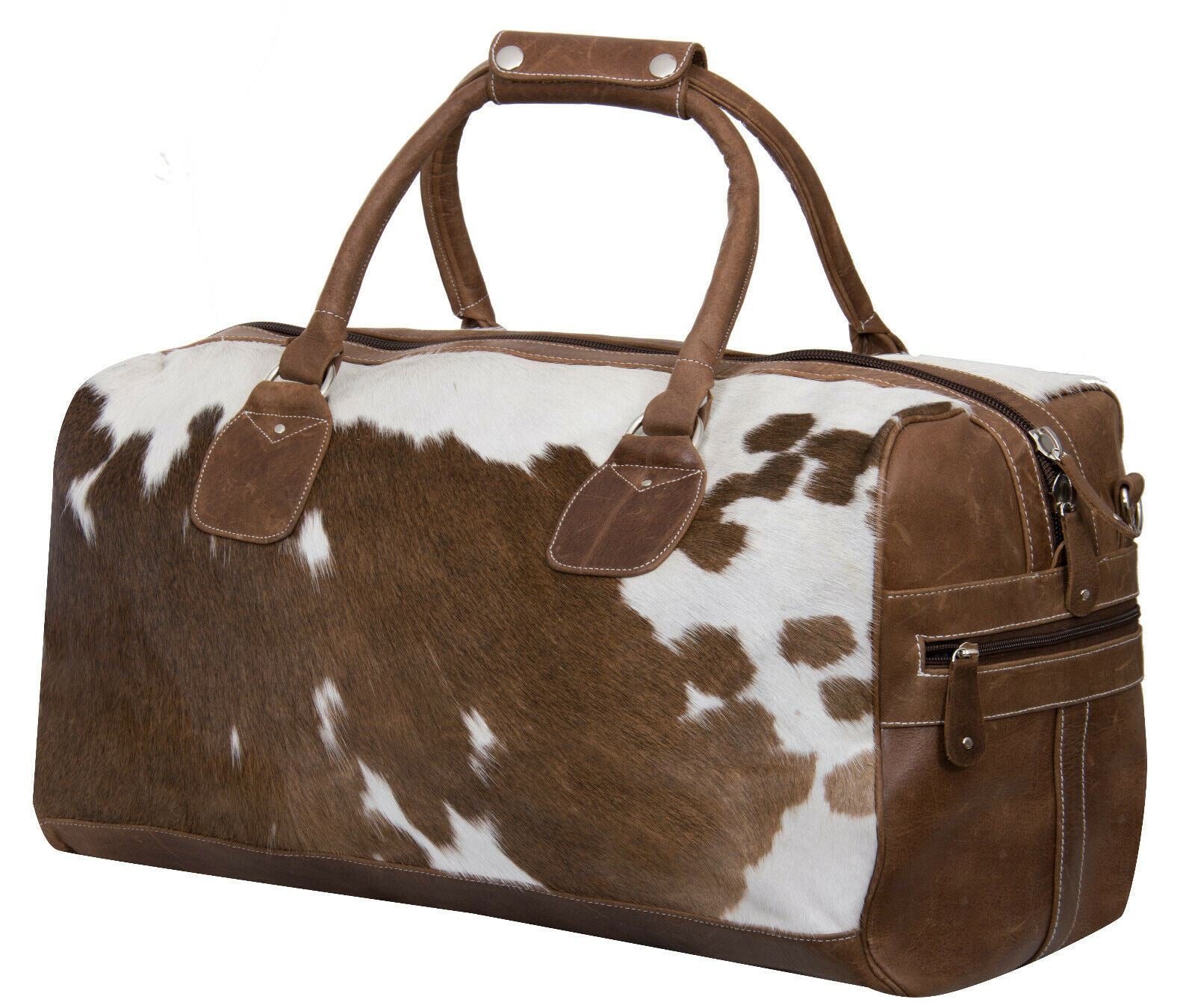 Deluxe Leather Holdall Bag Genuine Cowhide & Cow Fur Weekend Duffel Travel