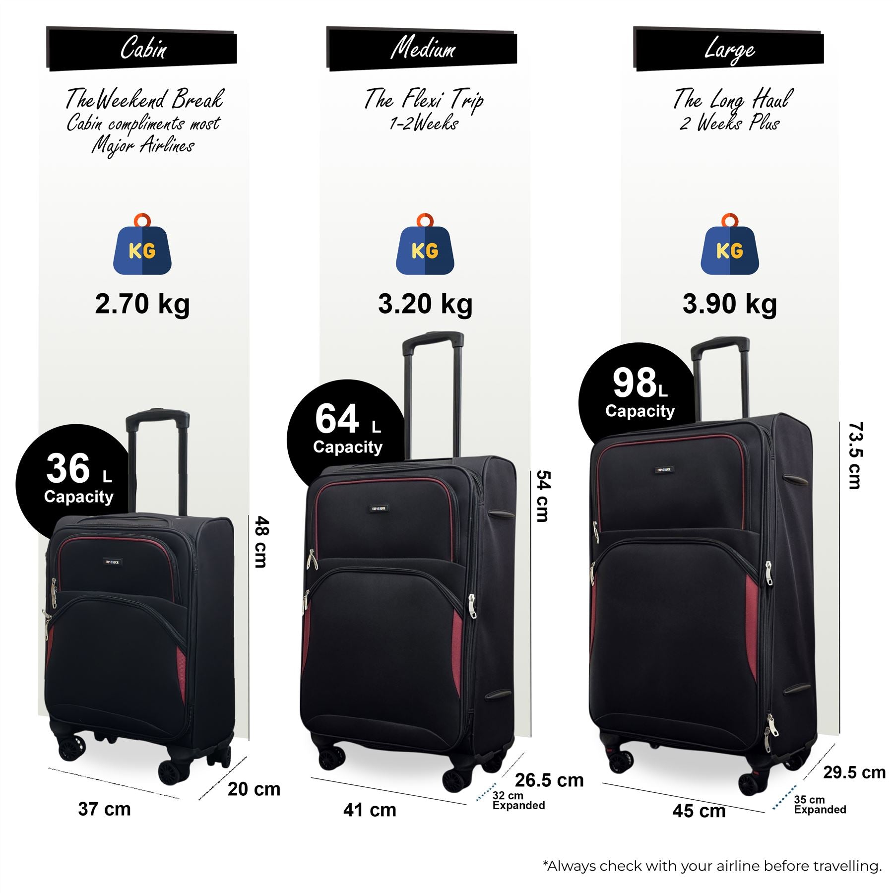 Gosford Set of 3 Soft Shell Suitcase in Black
