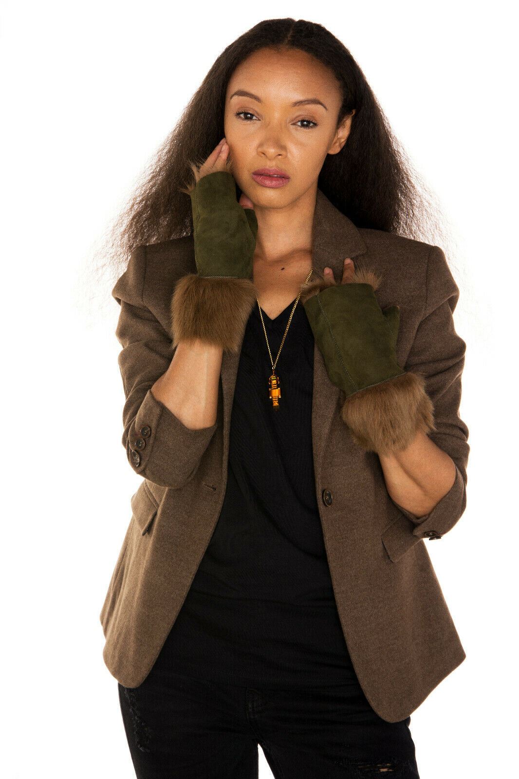 Womens Shearling Mittens Fingerless Cuffs Toscana Suede Sheepskin Fur