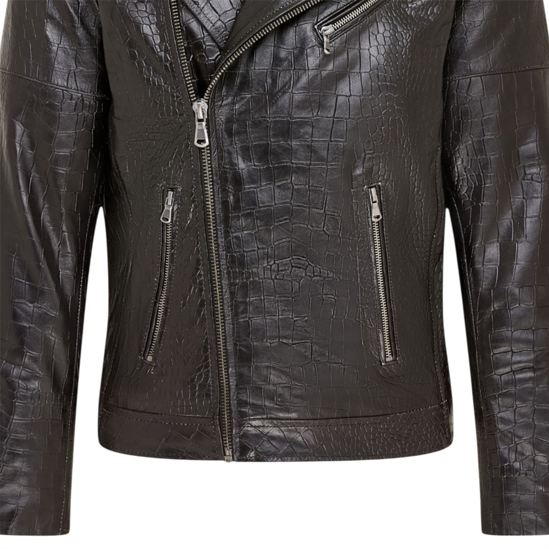 Mens Cow Leather Alligator Print Embossed Biker Jacket - Rot