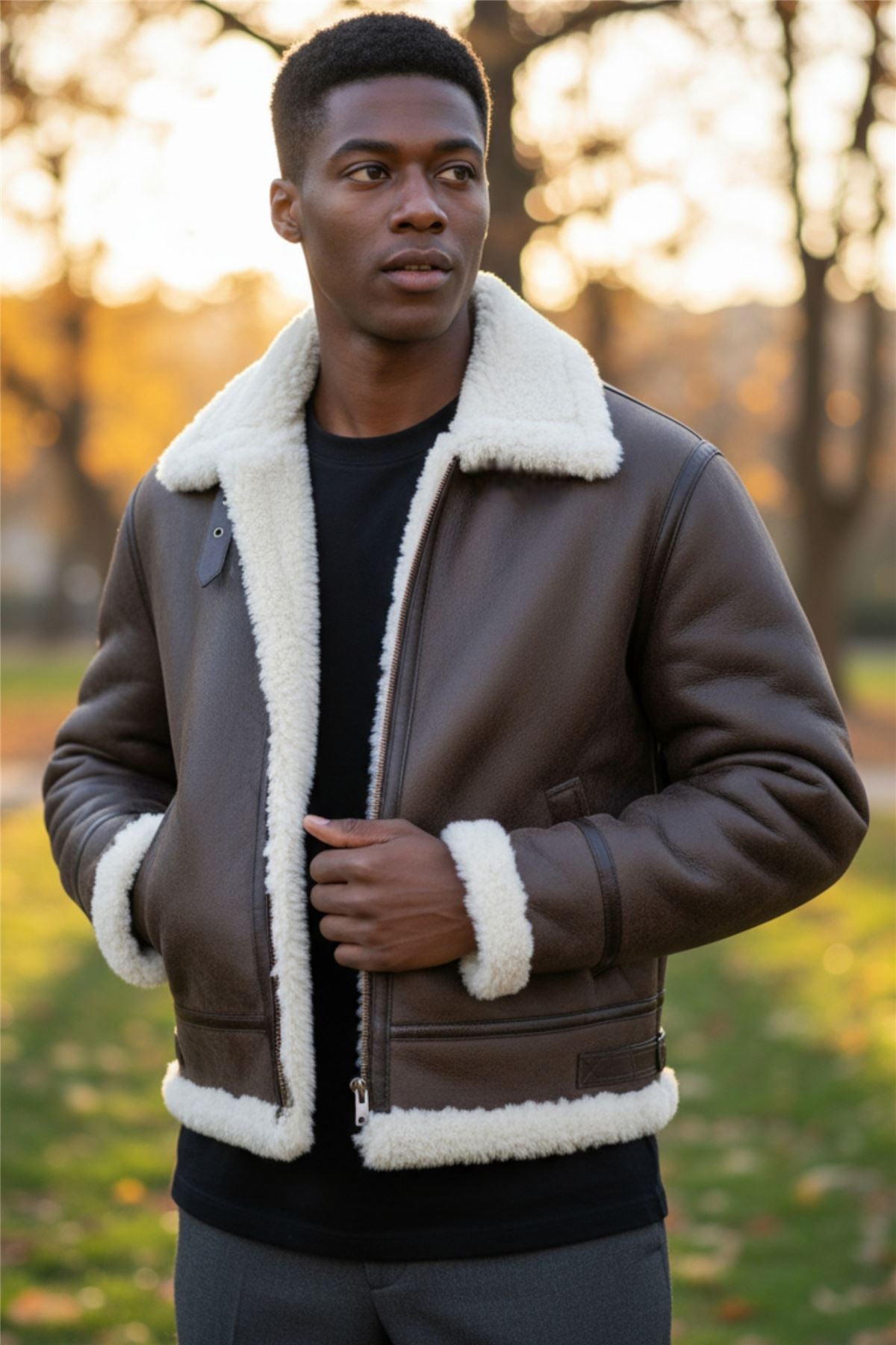 Mens Warm Sheepskin Aviator Zip-Up Flight Jacket-Harrogate