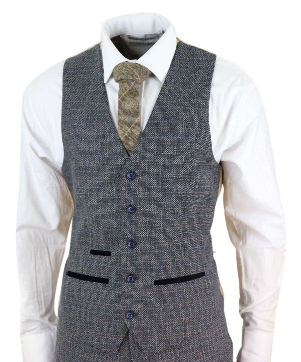 Mens 3 Piece Navy Blue Tweed Check Vintage Retro Suit