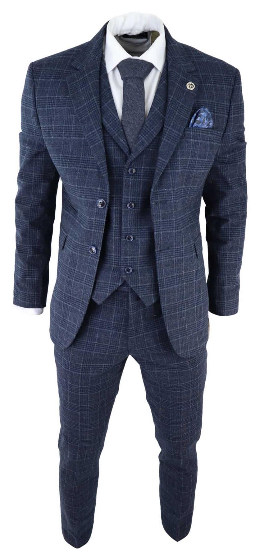 Mens Blue Check 3 Piece Tweed Suit Peaky Blinders 1920s Gatsby Tailored Fit