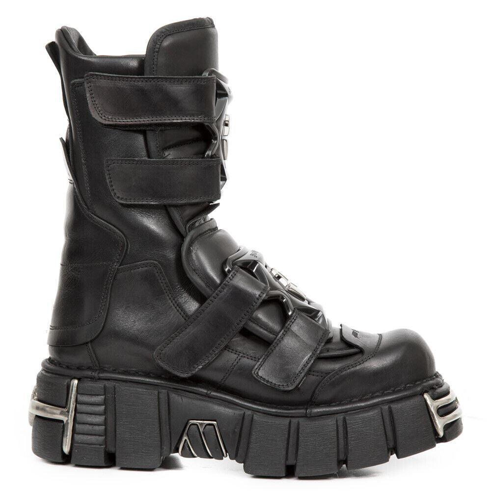 New Rock Punk Mid Calf Black Leather Boots-M-422-S1