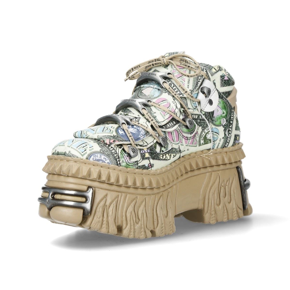 New Rock M-106WALL-C49 Dollar Bill Print Leather Platform Ankle Boots