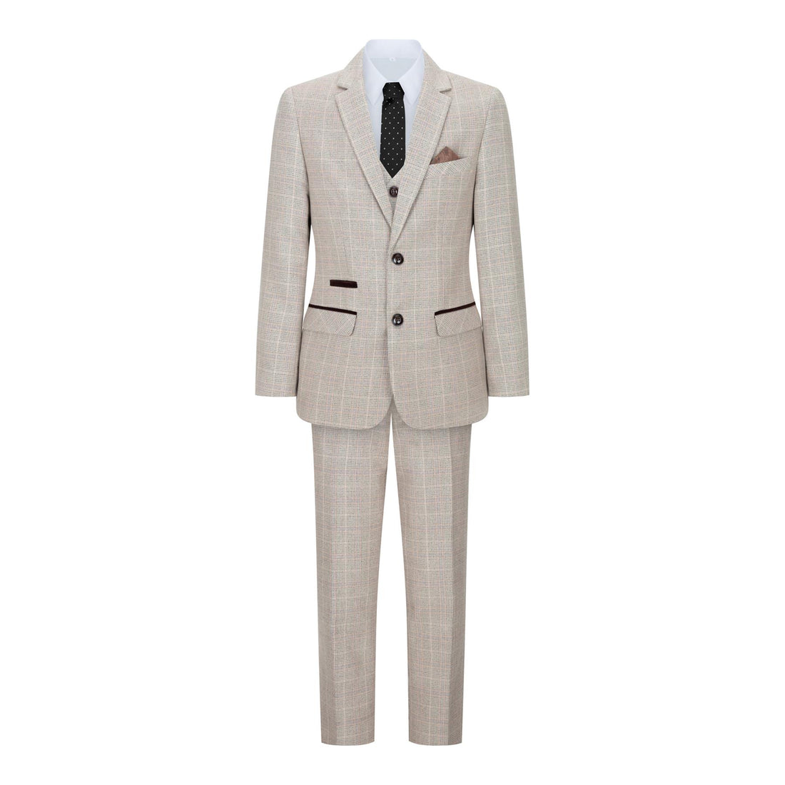 Boys 3 Piece Beige Tweed Check Vintage Retro Suit - Upperclass Fashions 