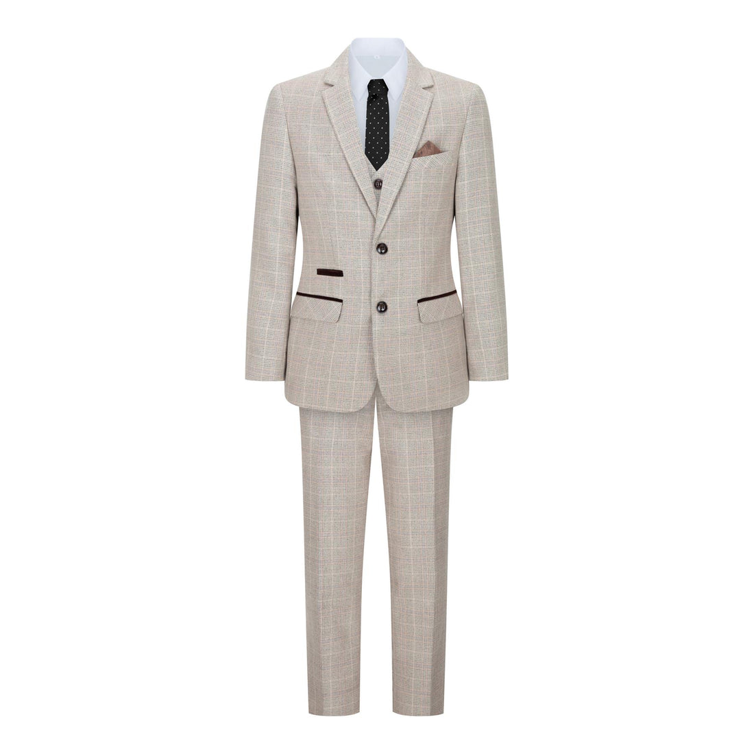 Boys 3 Piece Beige Tweed Check Vintage Retro Suit