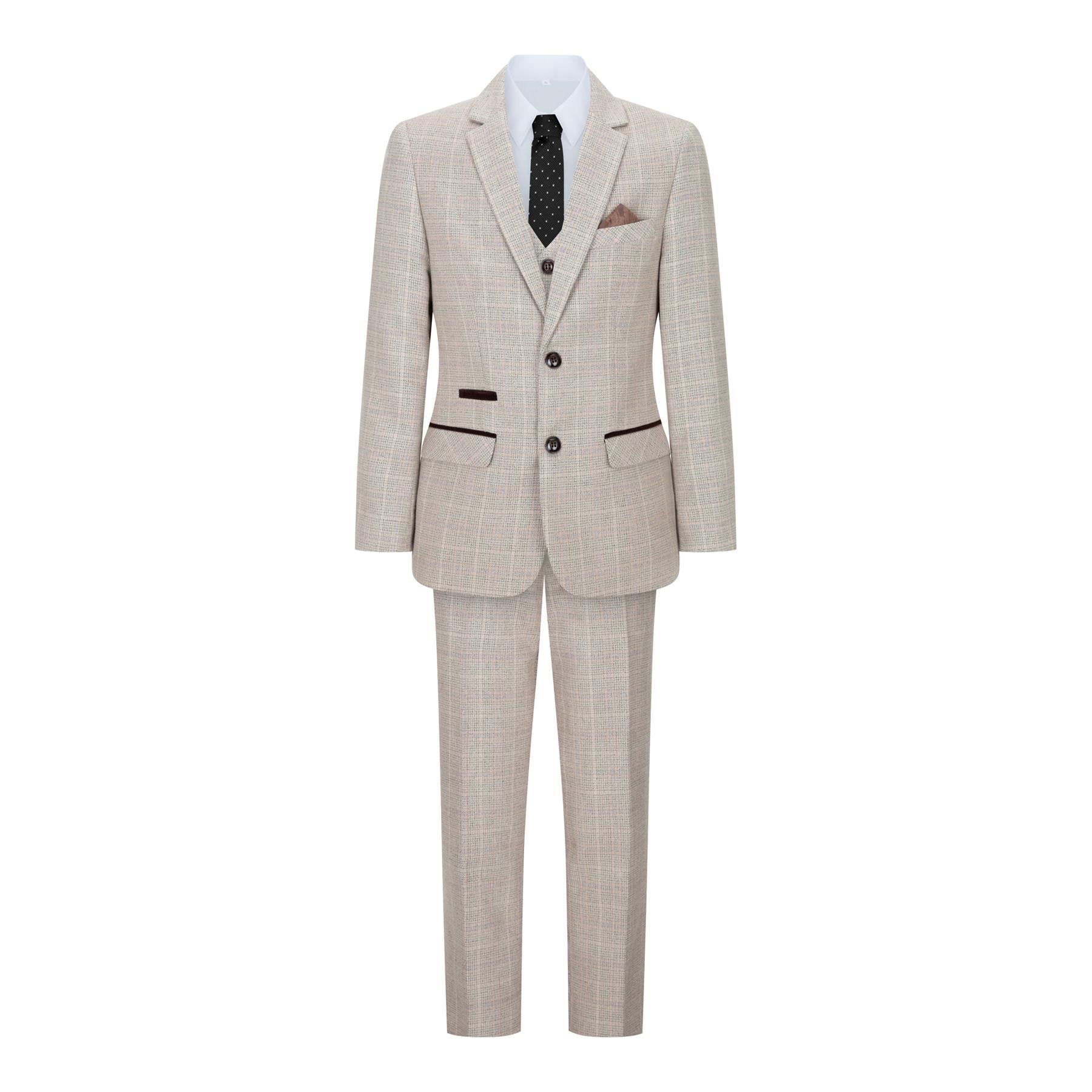 Boys 3 Piece Beige Tweed Check Vintage Retro Suit