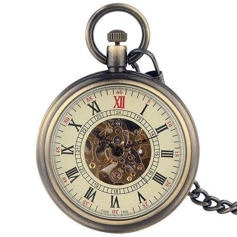 Mechanical Bronze Skeleton Antique Open Face Pocket Watch