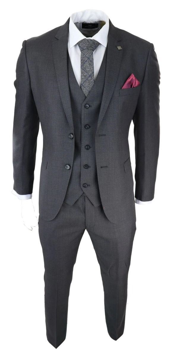 Mens 3 Piece Charcoal Grey Classic Stitch Retro Suit