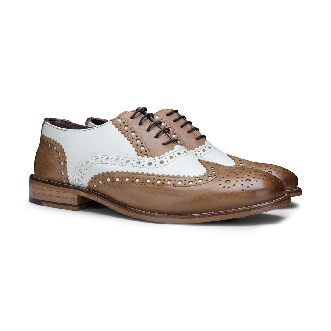Mens Classic Oxford Tan/White Leather Gatsby Brogue Shoes - Upperclass Fashions 