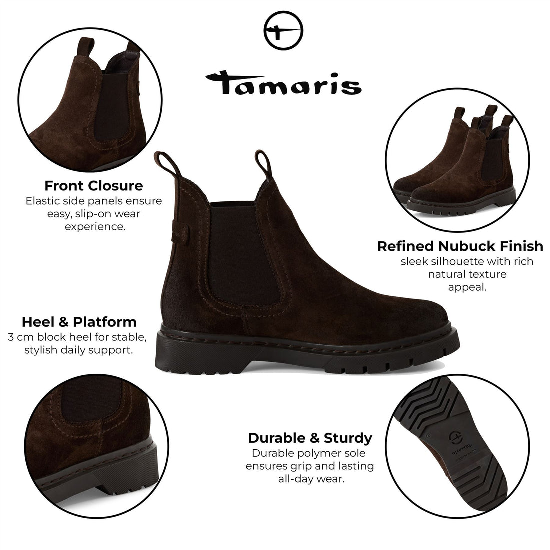Tamaris Womens Mocca Brown Suede Leather Classic Chelsea Ankle Boots