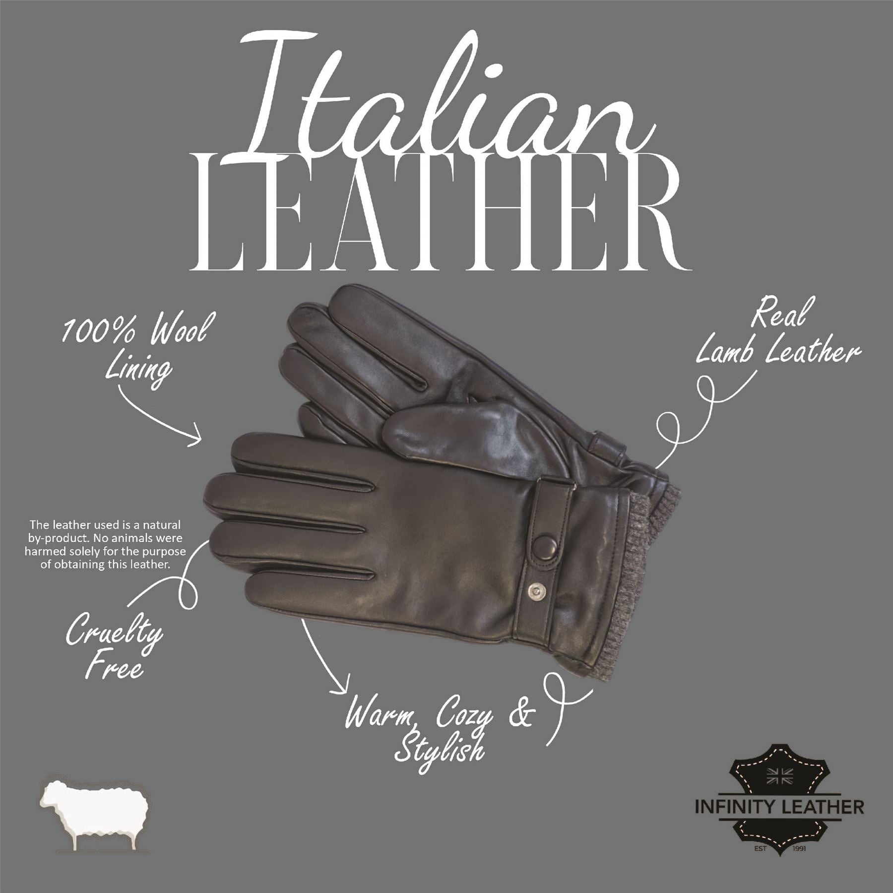 Men’s Italian Leather Warm Wool Lining Winter Knit Rib Gloves - M-LGV-105