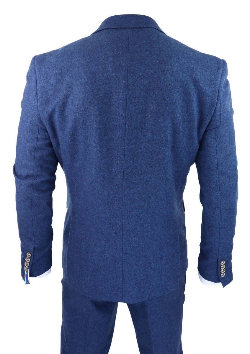 Mens 3 Piece Blue Tweed Wool Twill Vintage Classic Suit
