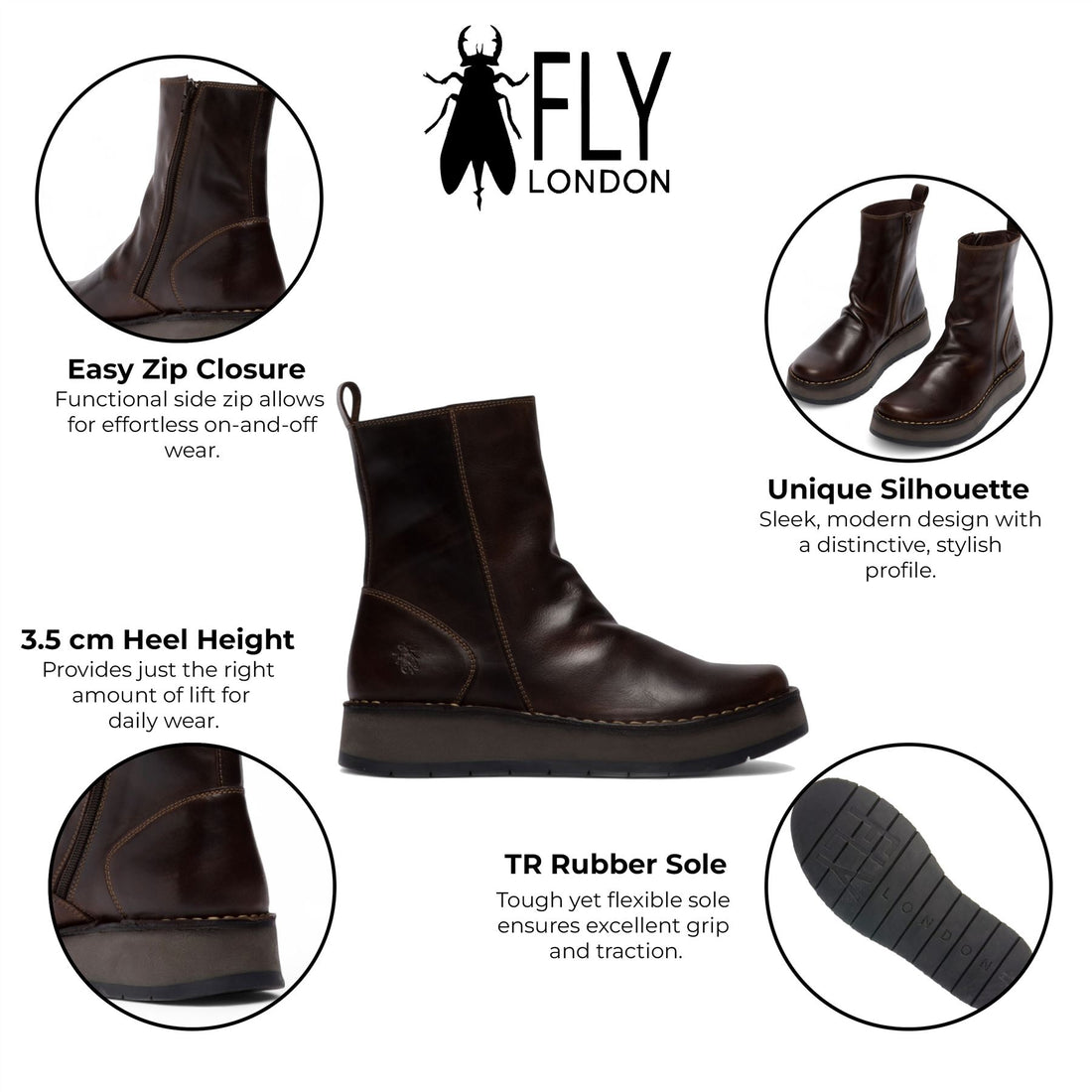 Fly London Womens Dark Brown RENO053FLY Leather Zip Up Platform Comfort Ankle Boots