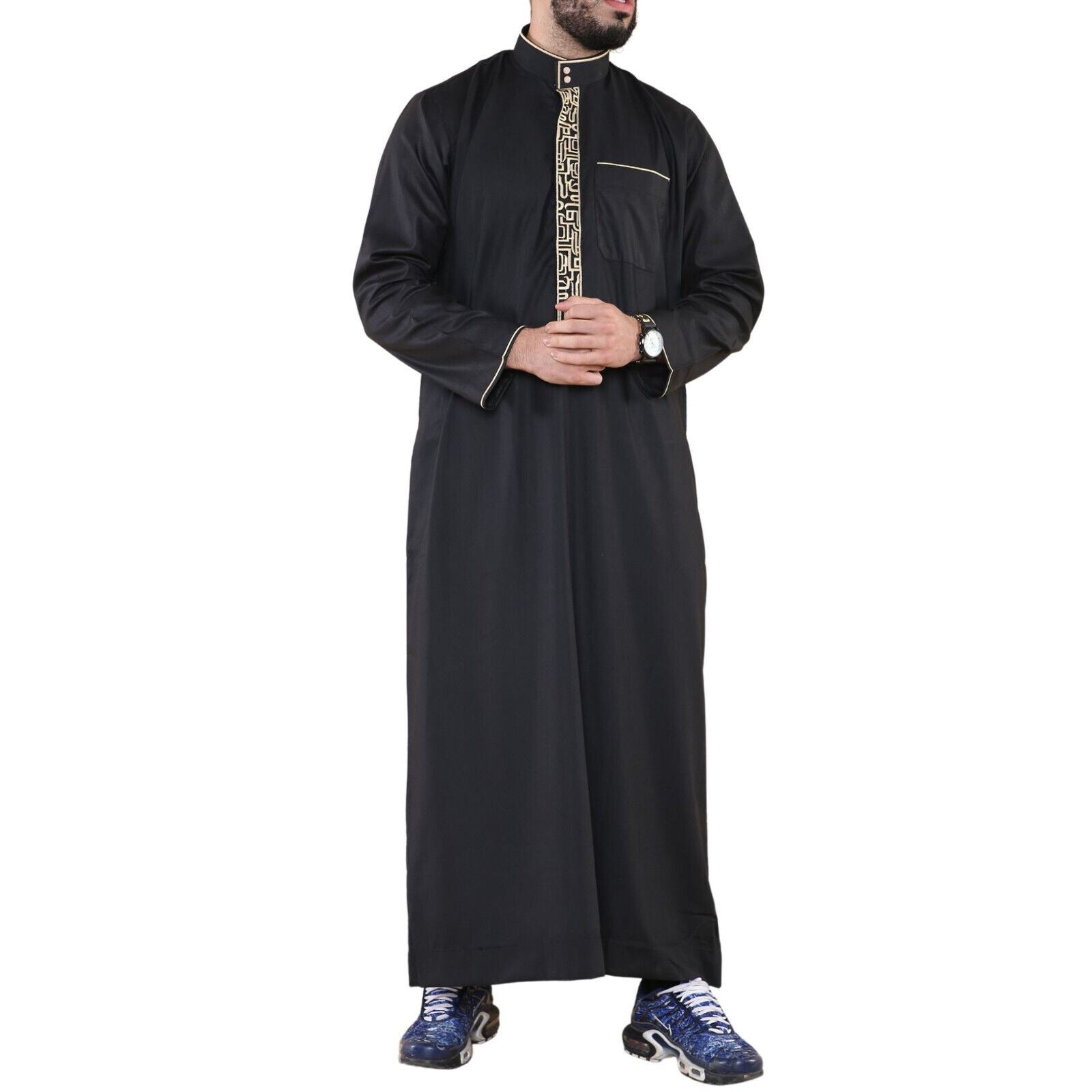 Mens Thobe Jubba Emirati Islamic Arabic Eid Embroidery Kaftan Jubbah Robe
