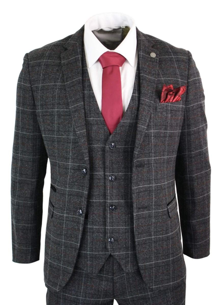 Mens 3 Piece Charcoal Grey Tweed Check Vintage Retro Suit