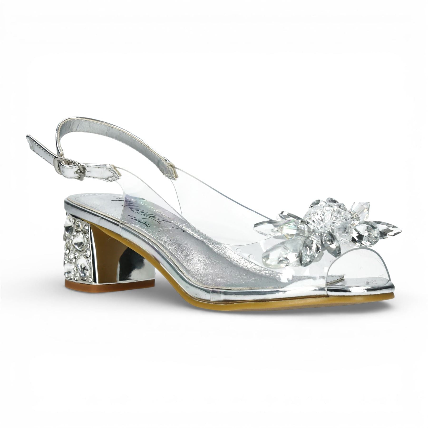 Laura Vita Women’s Mily-22 Clear Silver Slip-On Cinderella Heel Sandals