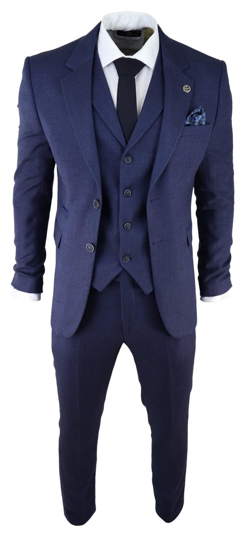 Mens Navy Blue 3 Piece Tweed Herringbone Suit Peaky Blinders Classic Tailored
