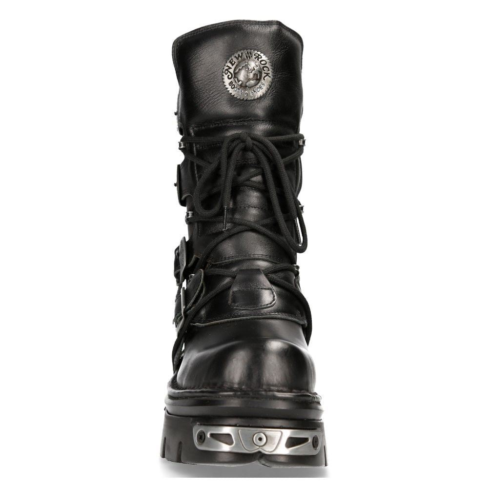 New Rock Unisex Black Leather Gothic Mid-Calf Boots-373-S4