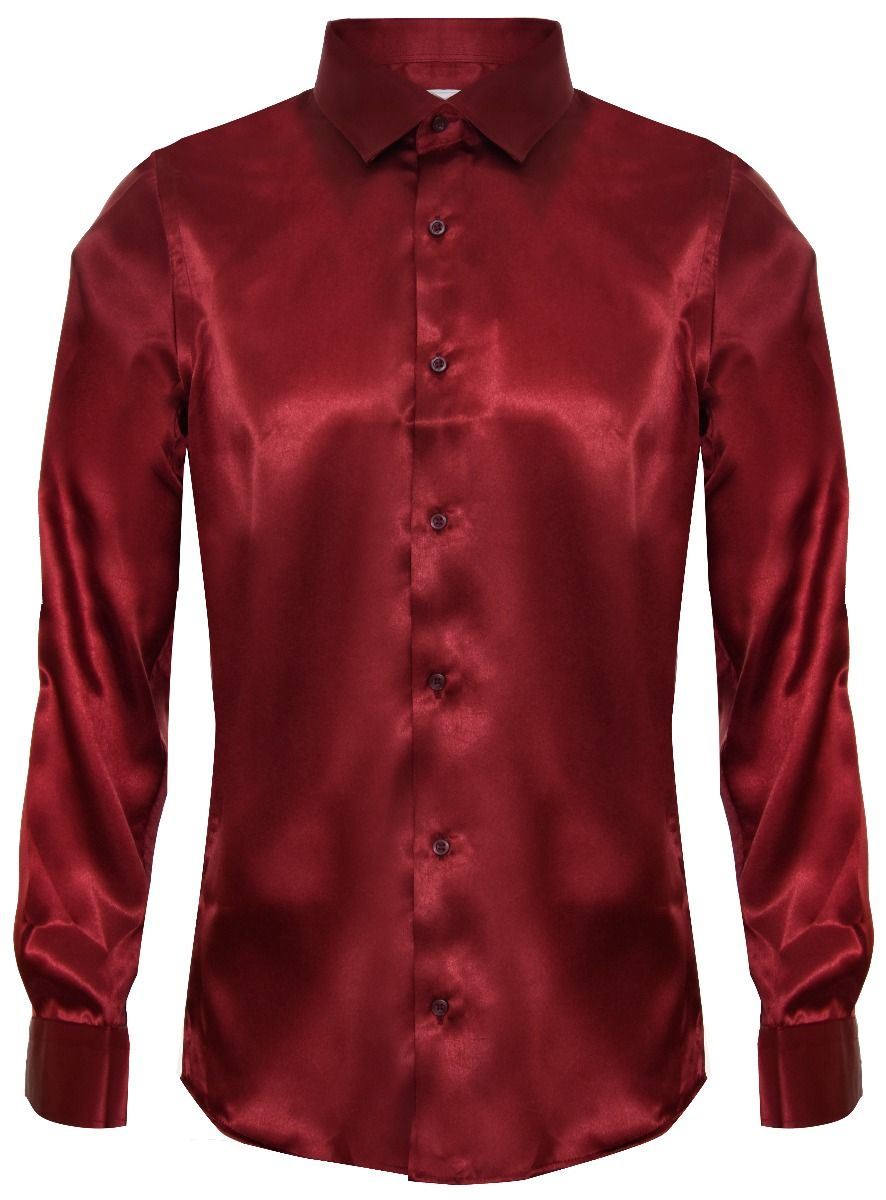 Mens Wine Satin Silk Shirt Smart Casual Button Down Cuff Tailored Fit - Upperclass Fashions 