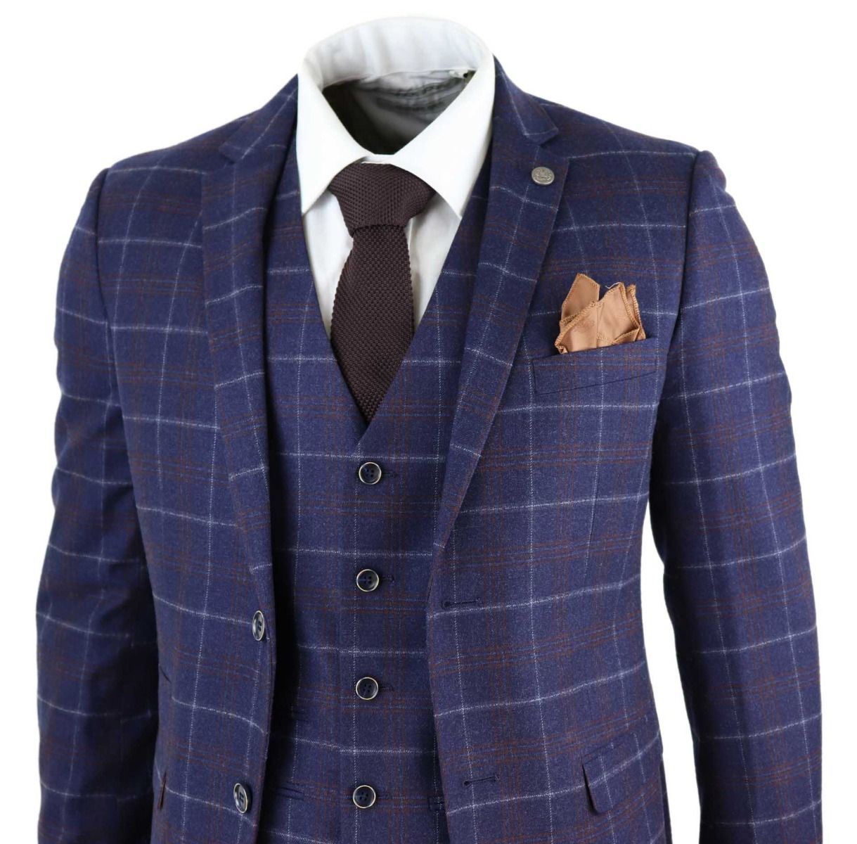 Mens 3 Piece Navy Blue Wool Check Retro Suit